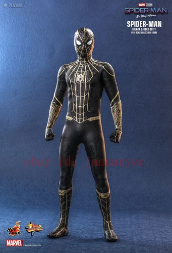 Figura de acción traje negro y dorado de Spider-Man Perfect Hot Toys 1/6 mms604 juguete nuevo