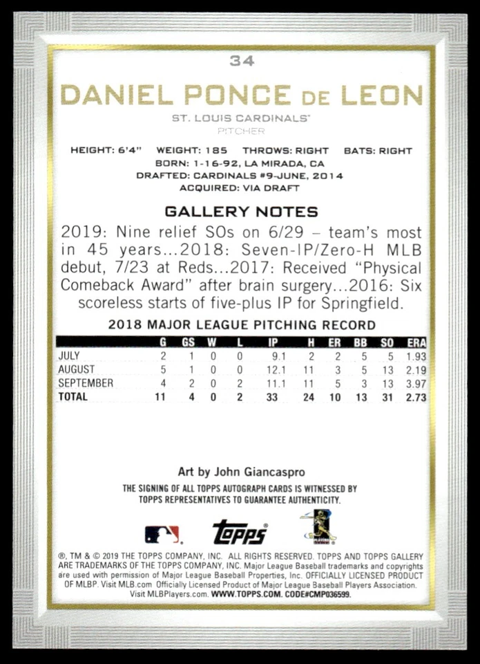 2019 Topps Gallery Autographs Daniel Ponce de Leon Auto St. Louis Cardinals #34 - Image 2 of 2