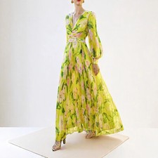 French Style Womens Dress Floral Print V Neck Pleated Holiday Long Sleeve Spring