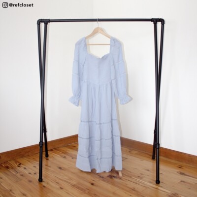 NWT $298 Reformation Jessy Dress Mineral Blue Midi Long Sleeve Smocked Lace  2 | eBay