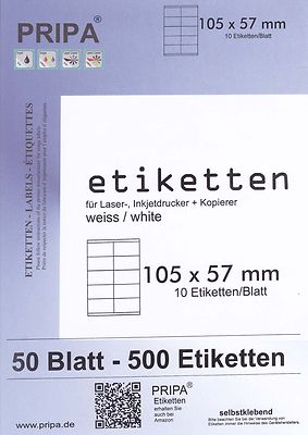 500 Etiketten 105x57mm auf 50 Blatt A4 Tinte/Laserdrucker/Kopierer selbstklebend