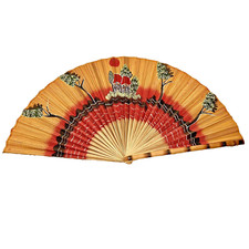 Vintage Oriental Asian Bamboo Fan Hand Painted Wall Decor 23 x 42.5 in open