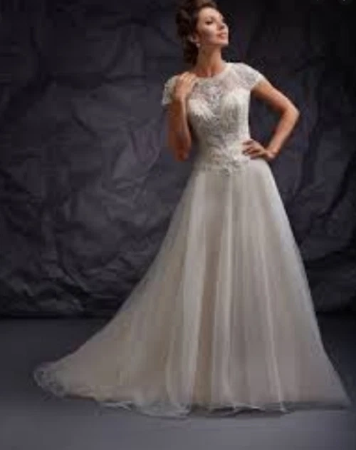 Bonny Essence Collection Wedding Gown Dress Cap Sleeve Natural Style 8700M Sz 10 - Image 3 of 4