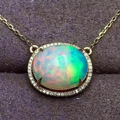 3.20Ct Oval Cut Fire Opal & Diamond Halo Pendant 14K Yellow Gold Over Free Chai