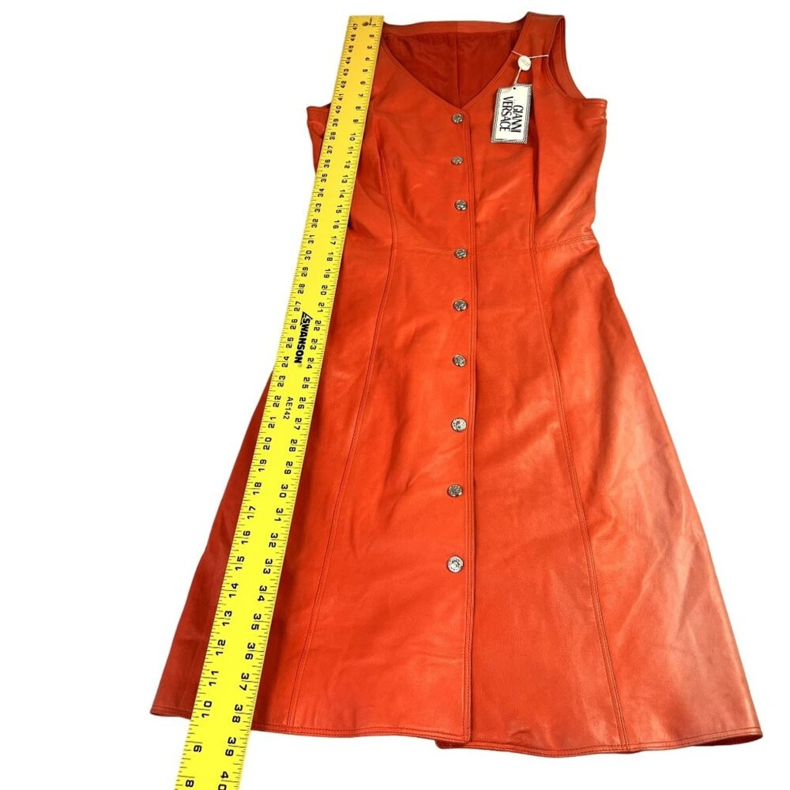 Abito Gianni Versace XS pelle arancione anni 80 bottoni a pressione senza maniche vintage linea A