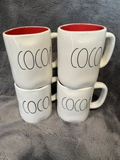Rae Dunn COCOA Ceramic Porcelain Mug White  Red Interior Christmas Holidays Set