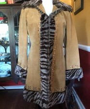 VTG 70s Suede Shearling Faux Fur Coat Jeweled Trim Zebra Penny Lane Afghan 12 L