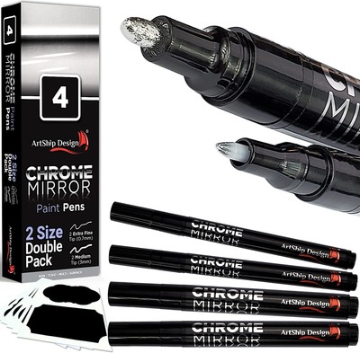 4 Chrome Mirror Paint Pens Double Pack of Both Extra Fine & Medium Tip Marker...