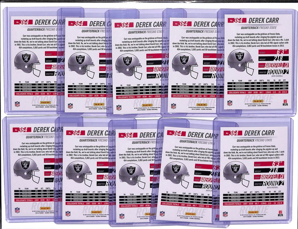 (10) Lot 2014 Panini Score Derek Carr Rookie Card RC #364 Raiders - Image 2 of 2