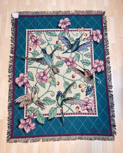 VTG Embroidered Tapestry Dan Gilbert Hummingbirds Throw Fringe Blanket NWT 70x53