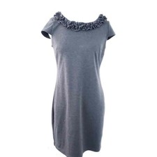 En Focus Dress Gray, Ruffle Trim Neckline Size 4P Petite, Short Sleeve Career