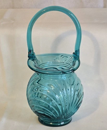 Vintage Signed Fenton Art Glass Basket Applied Handle Aqua Turquoise Blue Swirl