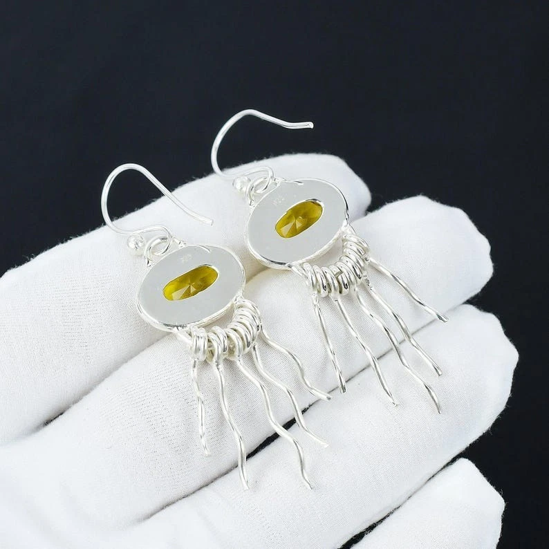 925 Sterling Silver Yellow Citrine Gemstone Handmade Jewelry Earring Size-1.5" - Image 3 of 4