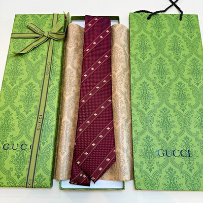 Gucci Burgundy/Gold Striped Logo Silk Jacquard Designer Men's Tie One Size