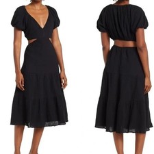 ASTR The Label Puff Sleeve Cutout Gauze Midi Dress Large Black Whimsy Goth