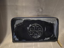 Tory Burch Navy Blue Patent Leather Logo Zip Around Continental Wallet