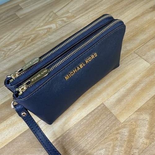 Michael Kors Double Zip Navy Blue Jet Set Saffiano Leather Wristlet Wallet EUC! - Bild 7 von 20