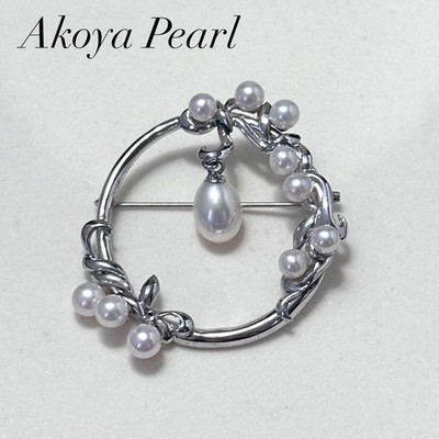 Akoya Perlen Brosche echte Perle 4,0-7,1 mm schöne Obertöne Silber