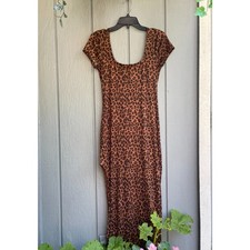Leopard Print Bodycon Maxi Dress Short Sleeve Size L