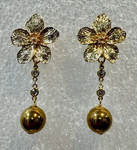 Authentic Gold Plated Flower With Dangling Gold Ball Handmade, About 3” Long