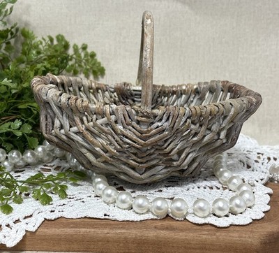 Vintage Wicker Basket w Handle Rustic Oval Farmhouse Decor White Wash Small 7 In
