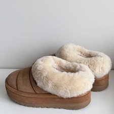 UGG Platform Shearling Fur Trim Brown Suede Women's Slippers