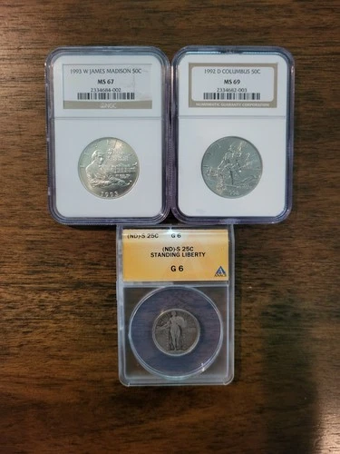 1992 D Columbus, 1993 W James Madison 50c NGC, Standing Liberty 25c Silver coins