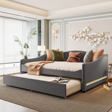 Full Size Daybed Upholstered Bed Frame Sofa Bed with Trundle Bed & LED Lights