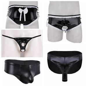 Mens Faux Leather Boxer Brief Pouch G-string Thong Underwear Wet Look Underpants