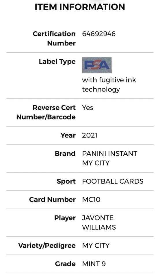 2021 PANINI INSTANT JAVONTE WILLIAMS ROOKIE MY CITY BRONCOS #MC10 RC PSA 9 POP 1 - Image 4 of 4