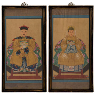 US SELLER - Vintage Yellow Robe Chinese Ancestor Family Portrait Painting Set