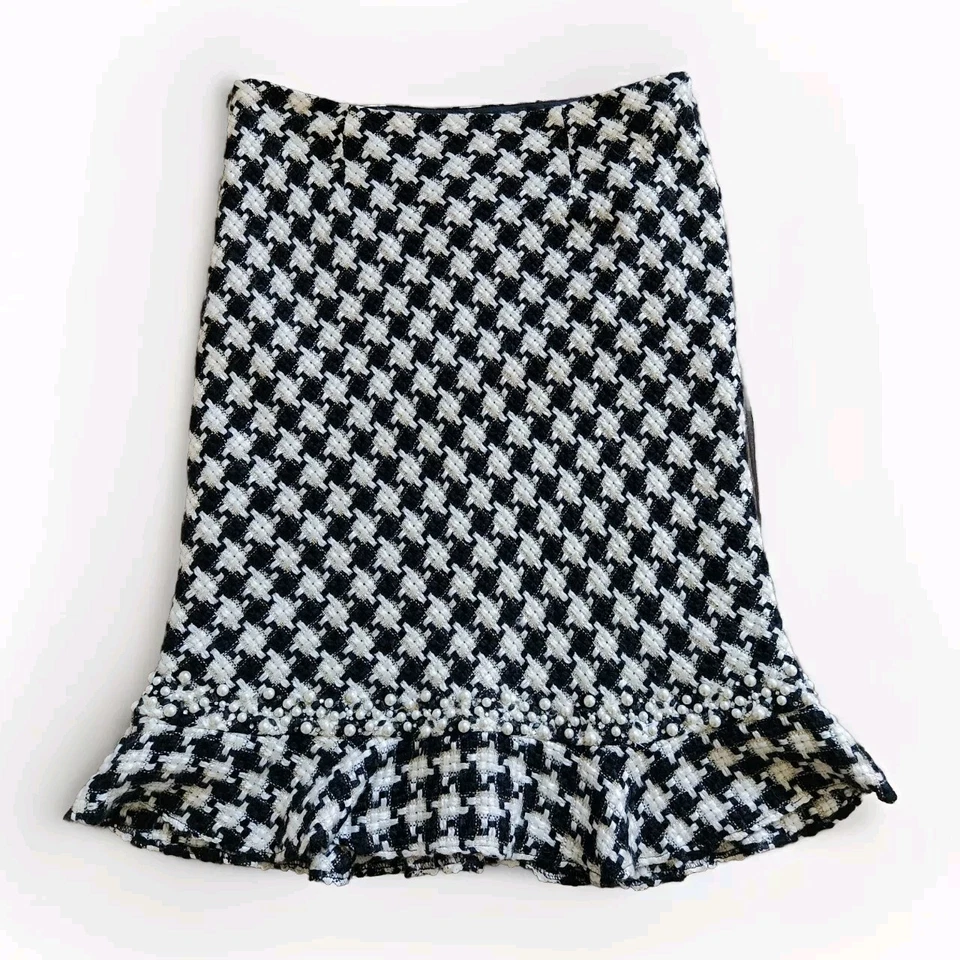 I.C.E Y2K 裙 8 码黑色白色粗花呢串珠珍珠装饰内衬 2000 年代 — 第 4/4 张图片