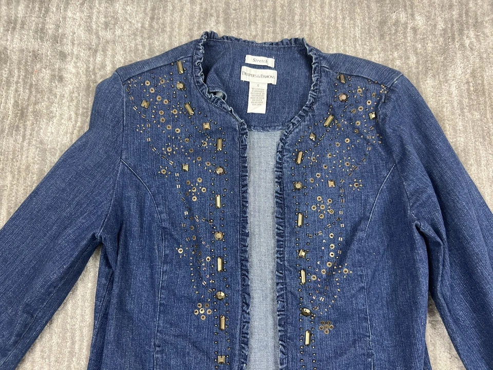 Драпировки и дамоны куртка женщин маленький джинсовой ткани украшенный длинным рукавом с подкладкой открытый - Изображение 2 из 4