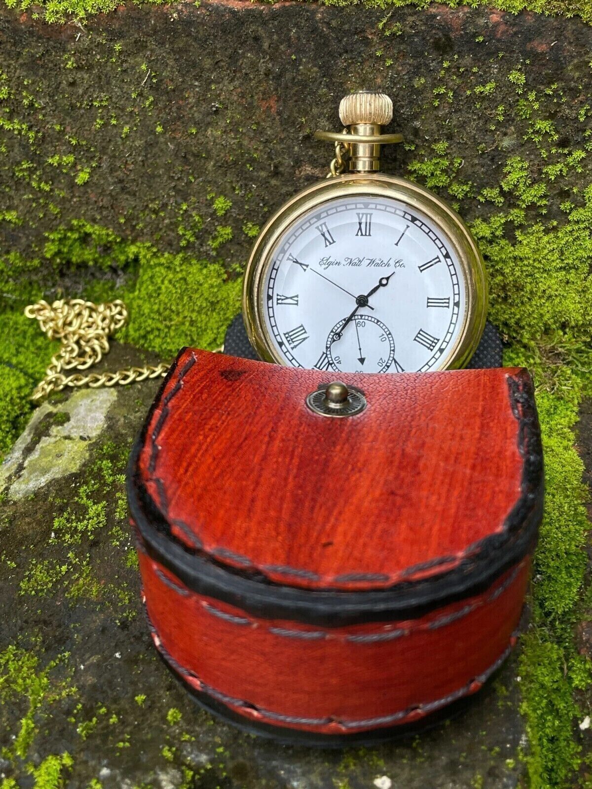 Antique Engraved Brass Elgin Pocket Watch W/ Chain Vintage Gift for Him