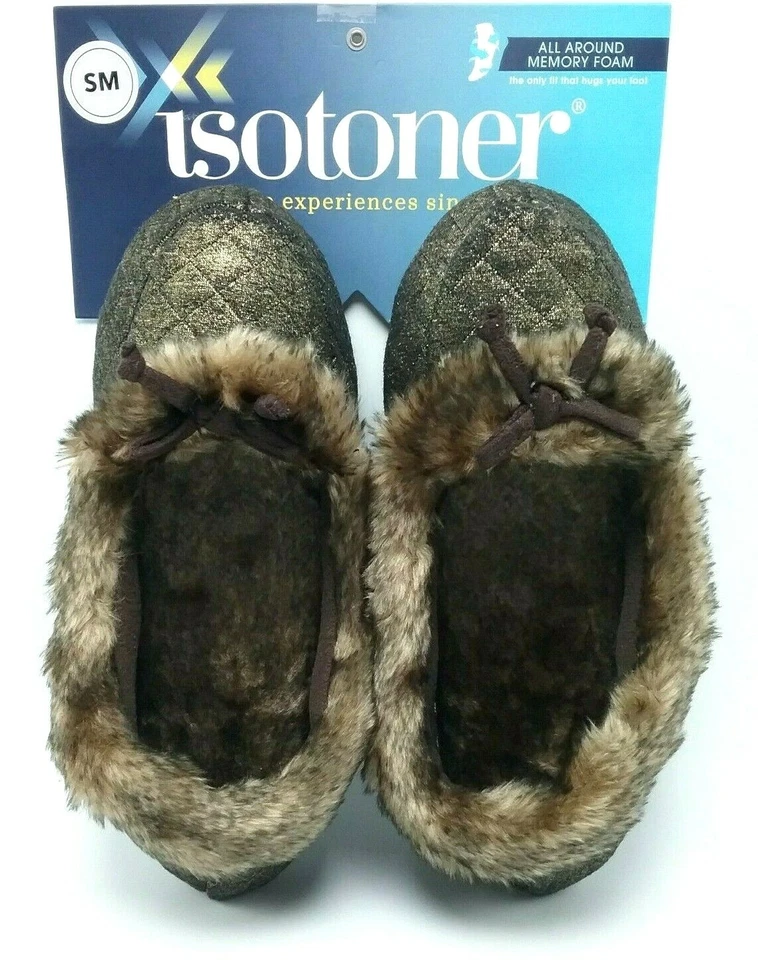 Zapatillas Isotoner para mujer de espuma viscoelástica doradas marrones brillantes piel sintética EE. UU. pequeñas (5-6) Foto 2 de 4