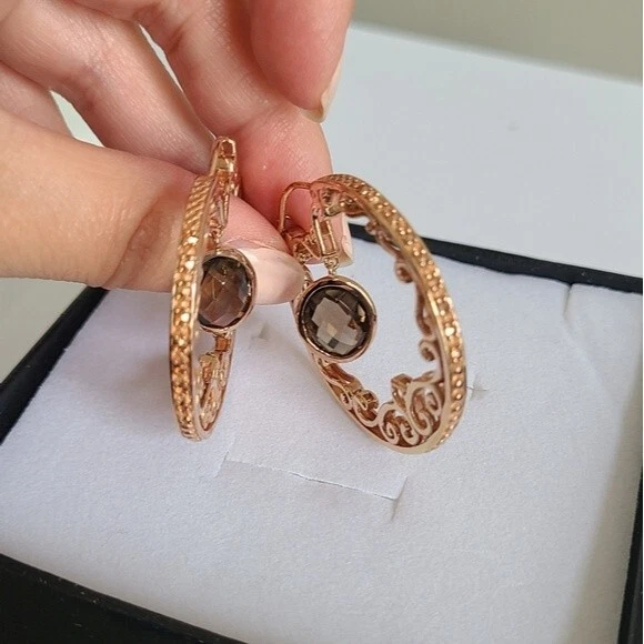 Vintage Filigree Rose Gold Sterling Silver Smoky Quartz Dangle Hoop Earrings - Image 4 of 4