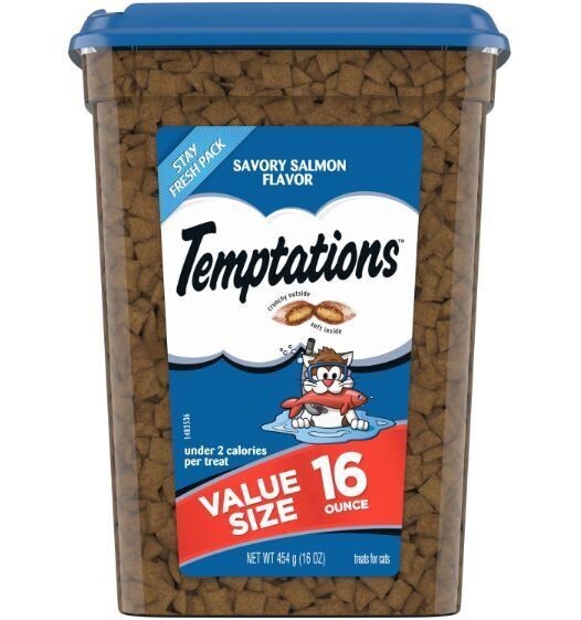 TEMPTATIONS Classic Crunchy and Soft Cat Treats Savory Salmon Flavor, 16 oz. Tub