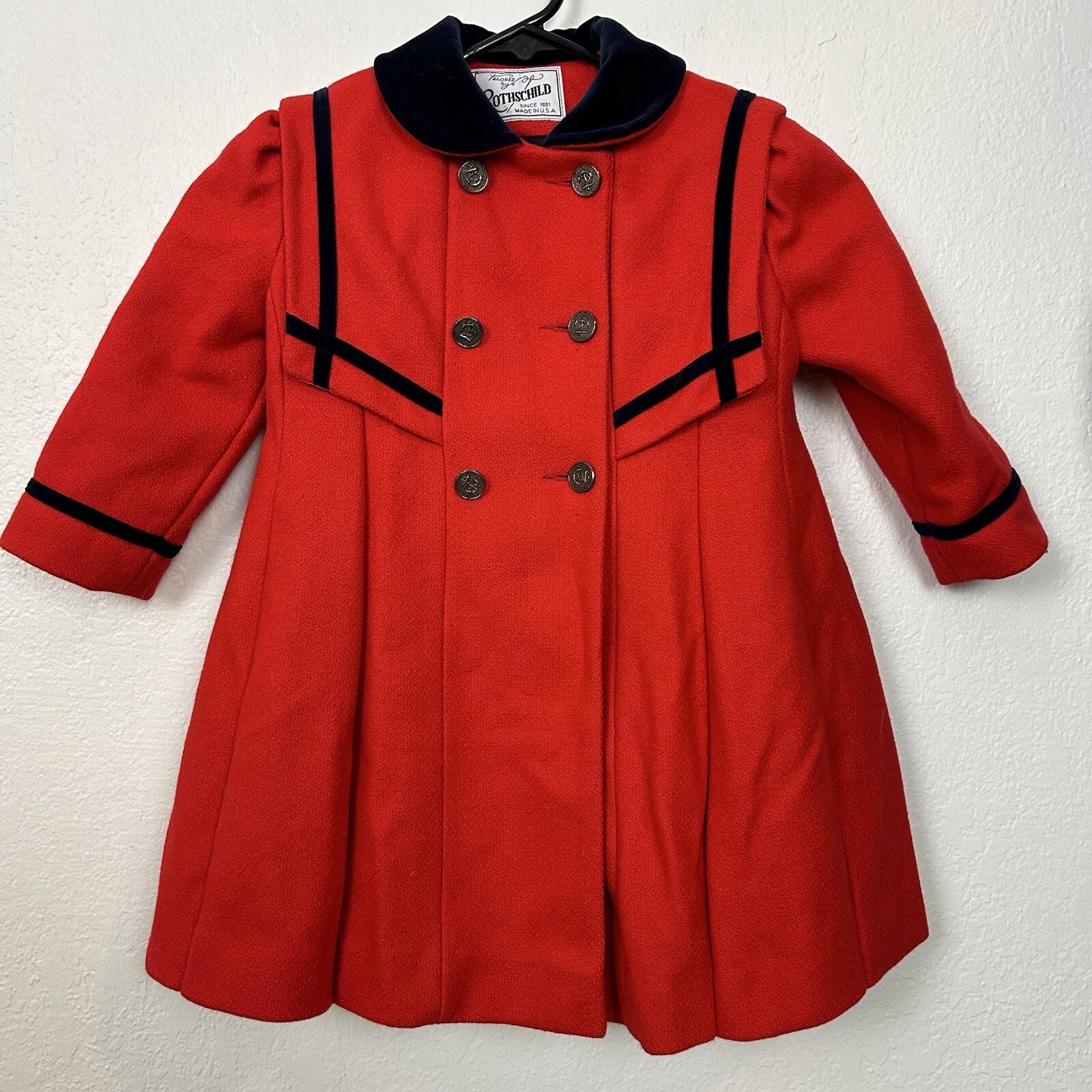 Rothschild Girl's Red Wool Coat 3T Navy Blue Velvet T… Gem