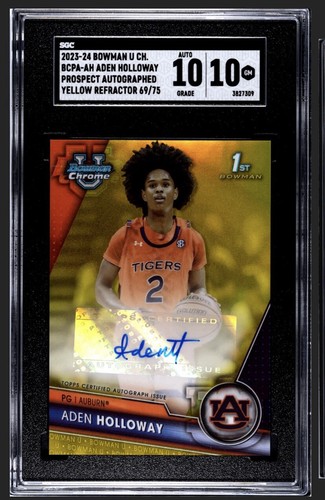 2023-24 BowmanChrome U- Yellow Refractor #BCPA-AH Aden Holloway /75 SGC10🔥🔥 - Picture 1 of 3
