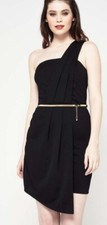 Miss Selfridge Size 14 Black One Shoulder Pleat Dress Gold Belt Bnwt £39 BE2