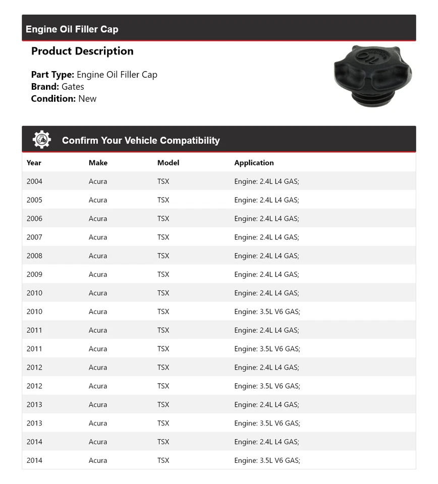 Puertas de tapa de llenado de aceite de motor Acura TSX 2004-2014 2005 2006 2007 2008 2009 Foto 2 de 4