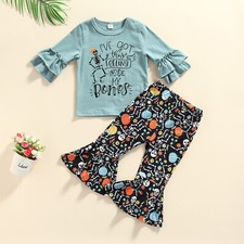 NEW Halloween Skeleton Shirt Ruffle Sleeve Bell Bottom Girls Outfit Set