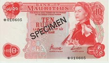 1978 Mauritius 10 Ten Rupees Specimen Banknote - P# 31 CS1 - UNC - # 28146