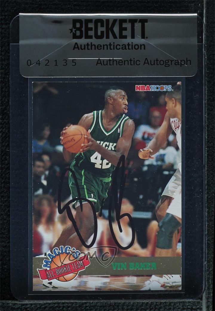 Vin Baker Milwaukee Bucks BAS 1993 NBA Hoops Magic Johnson #8 Seal of Authenticity Auto HOF 3c7 