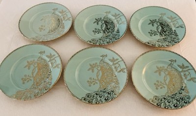 222 Fifth Turquoise Gold Peacock Garden Salad Plates 8 7/8 Inch Set Of 6