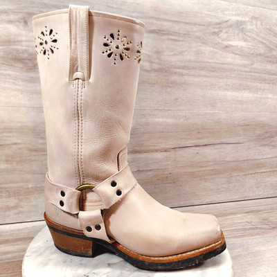 VTG Frye Harness Flower Boots Women 7 M Pink 12R Square Toe Western