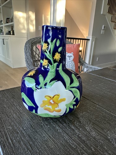 Anthropologie Blue Hand Painted Stoneware Leah Goren Vase Floral 7x5 - Afbeelding 2 van 6