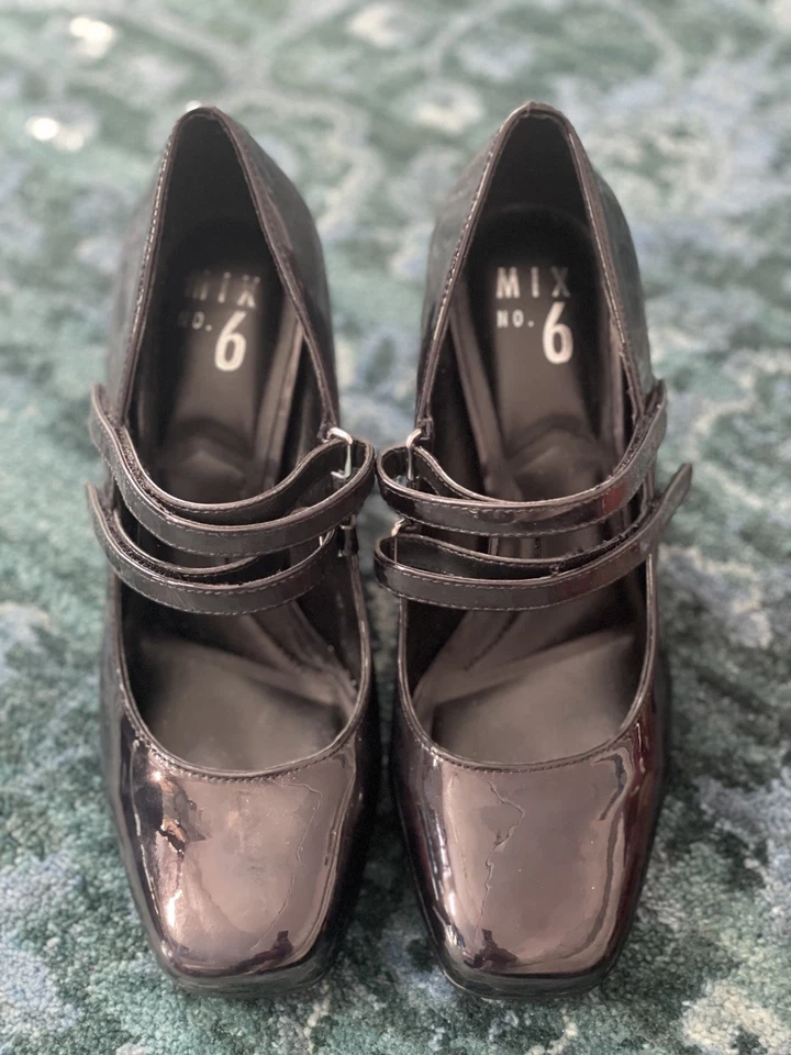 Mezcla Nº6 Mary Jane Zapatos Negros, Lindo Tacón Grueso, Zapatos de Vestir, Doble Correa 7.5M Foto 3 de 4