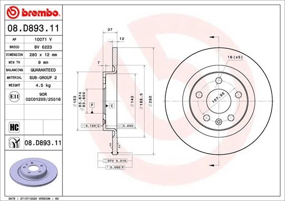 2x BRAKE DISC 08.D893.11 FOR LYNK & CO VOLVO JLH-3G15TB/3G15TD 1.5L 3cyl 01 1.5L - Image 2 of 4