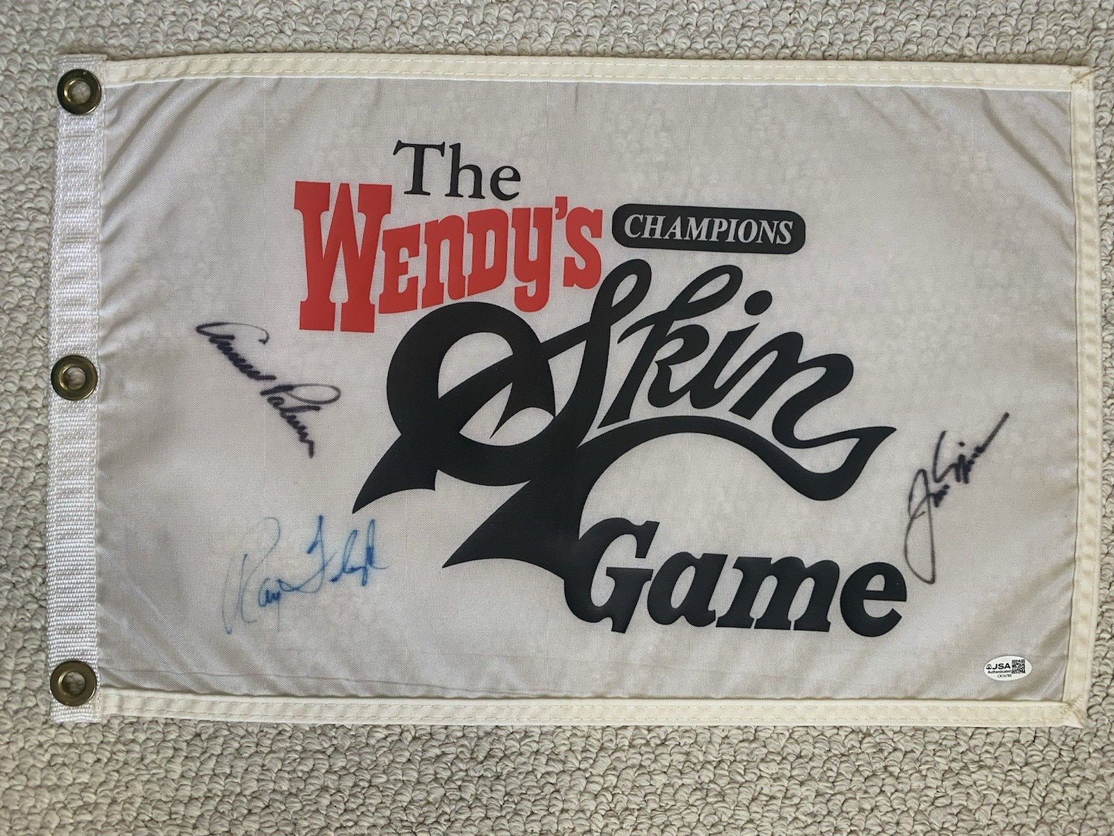 Jack Nicklaus Autographed Signed +ARNOLD PALMER+RAY FLOYD HAND SKINS GAME GOLF FLAG JSA 